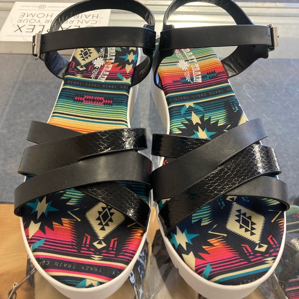 Wedge sandals black strap white heel serape print sole